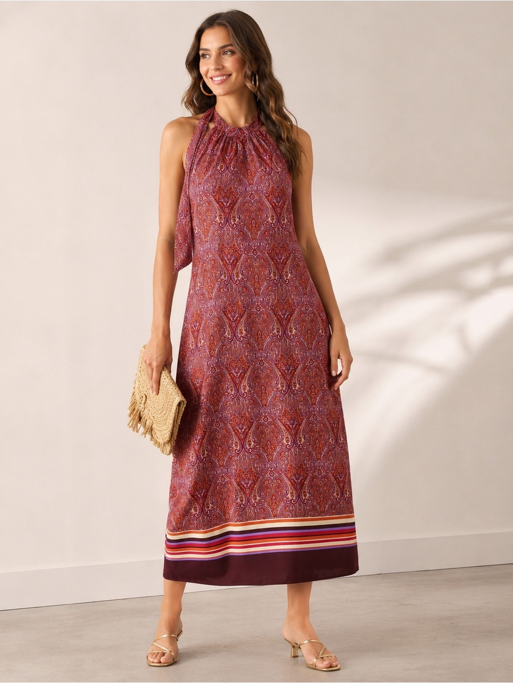 MSK Paisley Sleeveless Top in Red and Orange with Cream Accents